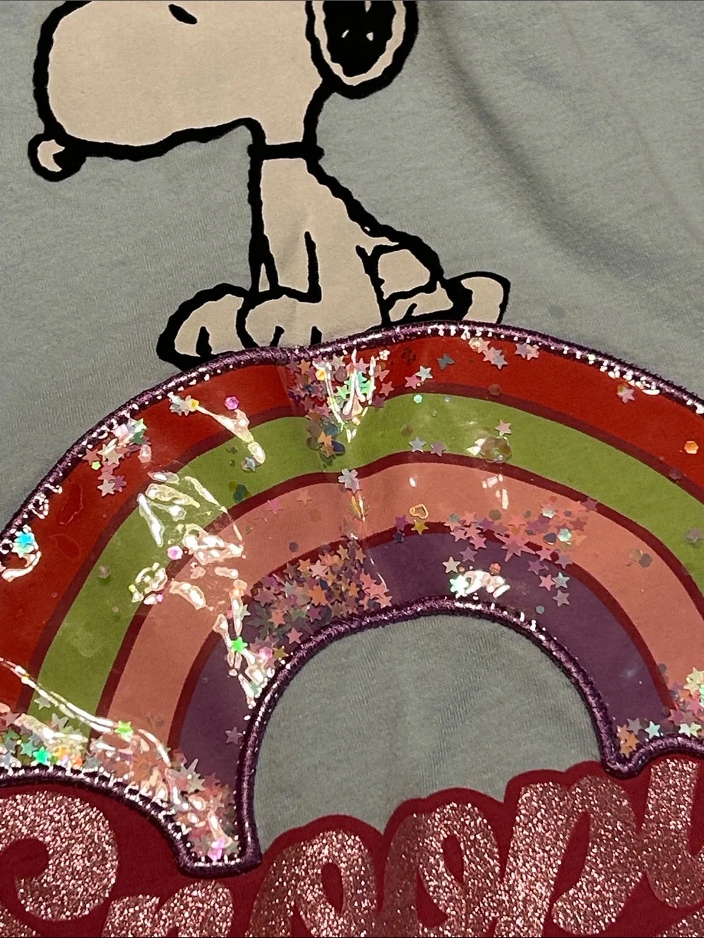 Peanuts Snoopy Light Blue Rainbow Sequin Star Bubble Girls Graphic Tee Sz XL